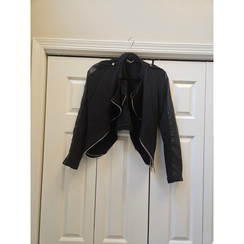INC International Concepts Womens Black Faux Leather Sleeve Moto Jacket Small